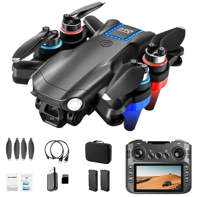 Moteur sans balai M9 Drone FPV Capteur de flux optique Évitement d'obstacles Caméra HD double Quadricoptère pliable avec écran et contrôleur, 2 batteries