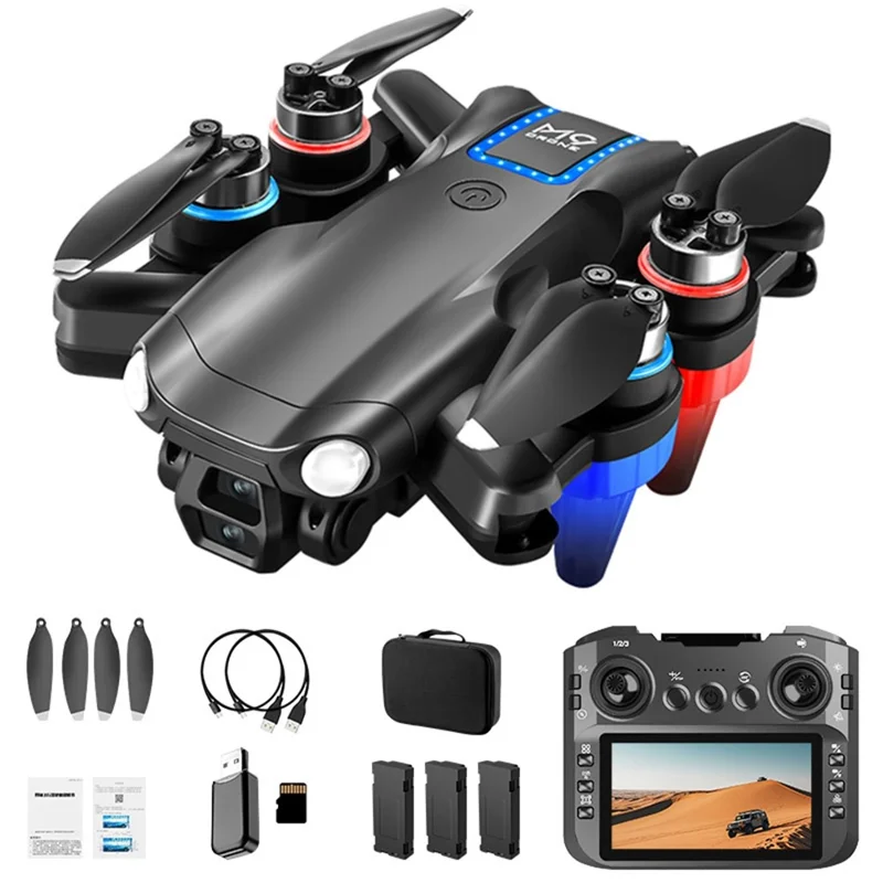 M9 Brushless Motor FPV Drone Optical Flow Obstacle Avoidance Dual HD Camera Foldable Quadcopter with Screen Controller, 3 Batteries