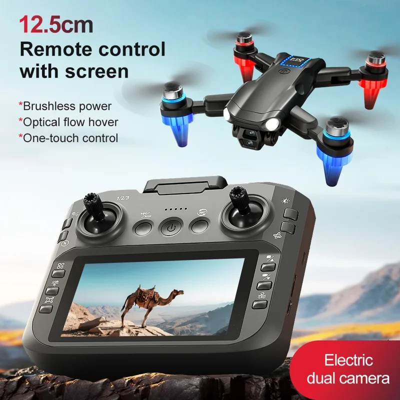 M9 Brushless Motor FPV Drone Optical Flow Obstacle Avoidance Dual HD Camera Foldable Quadcopter with Screen Controller, 3 Batteries