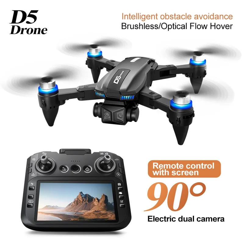 D5 HD Dron Cuadricóptero de Fotografía Aérea con Evitación de Obstáculos, Brushless, Controlador con Pantalla, 2 Baterías