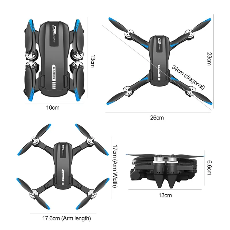 D5 HD Dron Cuadricóptero de Fotografía Aérea con Evitación de Obstáculos, Brushless, Controlador con Pantalla, 2 Baterías