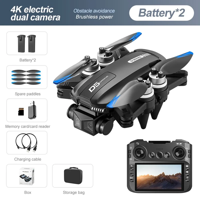 D5 HD Dron Cuadricóptero de Fotografía Aérea con Evitación de Obstáculos, Brushless, Controlador con Pantalla, 2 Baterías