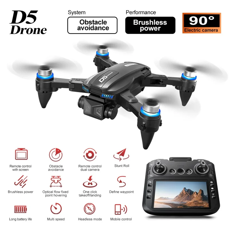 D5 HD Dron Cuadricóptero de Fotografía Aérea con Evitación de Obstáculos, Brushless, Controlador con Pantalla, 2 Baterías