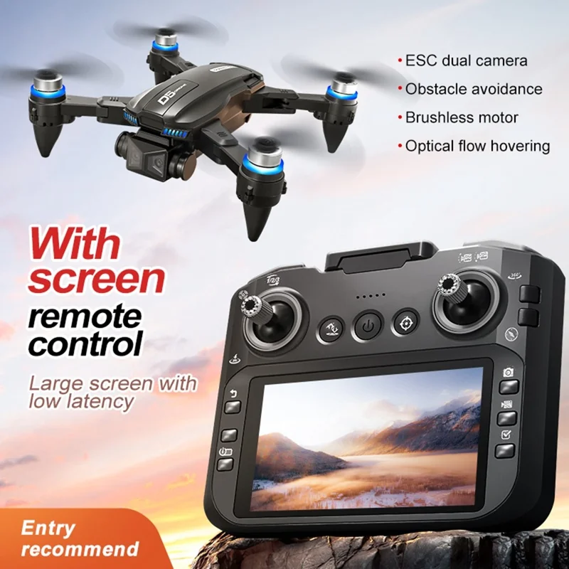 D5 HD Dron Cuadricóptero de Fotografía Aérea con Evitación de Obstáculos, Brushless, Controlador con Pantalla, 2 Baterías