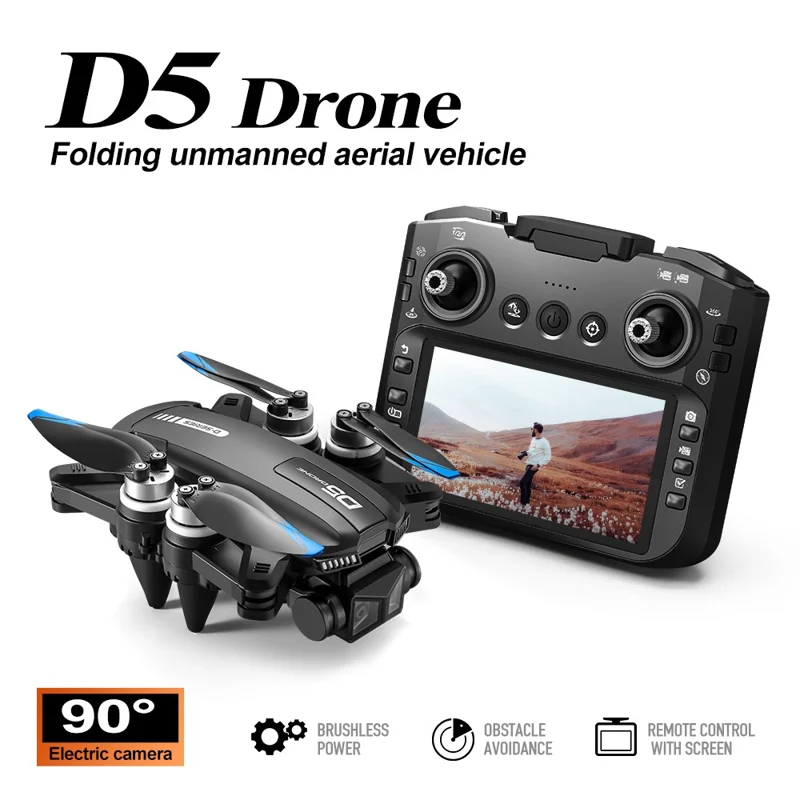 D5 HD Dron Cuadricóptero de Fotografía Aérea con Evitación de Obstáculos, Brushless, Controlador con Pantalla, 2 Baterías