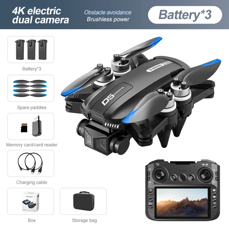 Cuadricóptero D5 HD Aerial Photography con Evitación de Obstáculos, Brushless, con Pantalla y Controlador, 3 Baterías