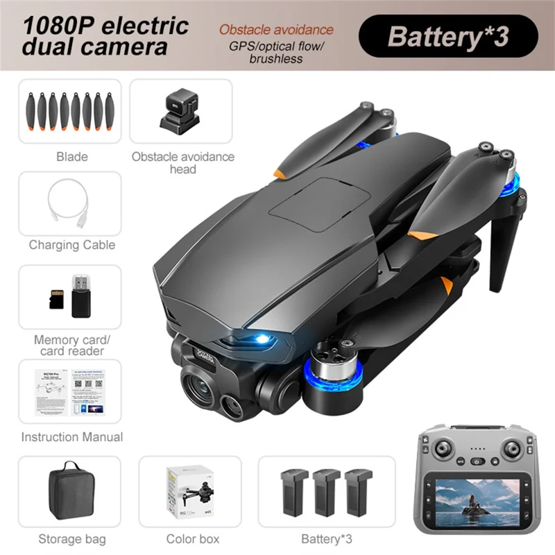 RG709Pro GPS Drone Laser Obstacle Avoidance Brushless Motor Aircraft with 4.5 Inch Screen Controller, 3 Batteries