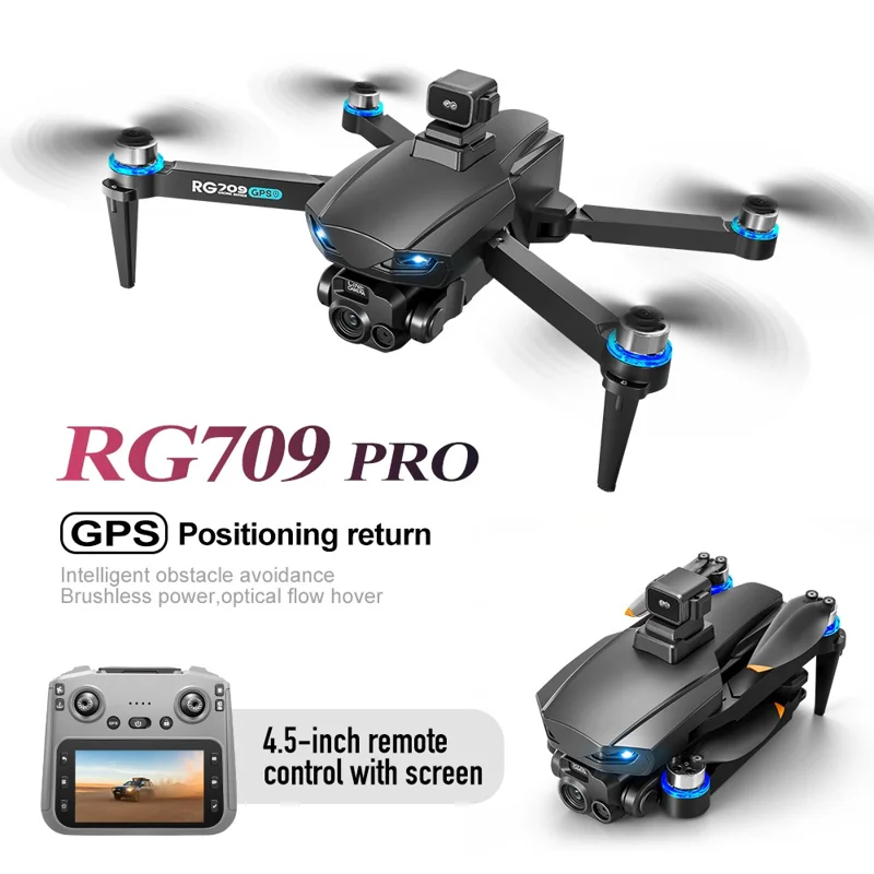 RG709Pro GPS Drone Laser Obstacle Avoidance Brushless Motor Aircraft with 4.5 Inch Screen Controller, 2 Batteries