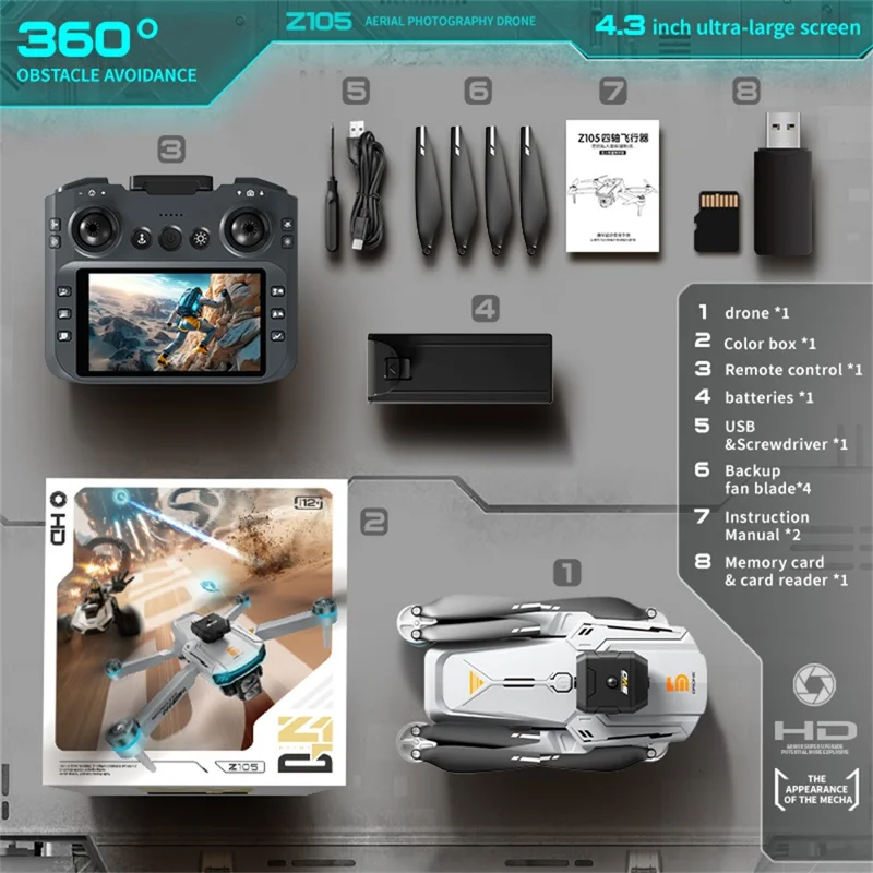 Z105 Drone con Cámara Dual, Evitación de Obstáculos Inteligente y Motores Sin Escobillas, con Pantalla de 4.3 Pulgadas y Control Remoto, con 1 Batería - Gris