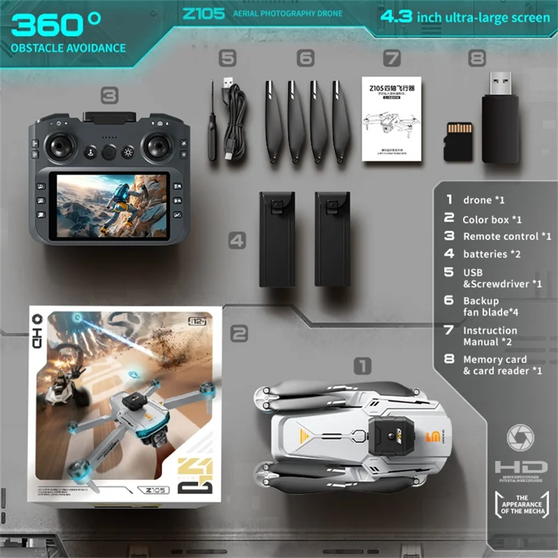 Z105 Dual Camera Smart Obstacle Avoidance Brushless Drone con Schermo Remoto da 4,3 Pollici, con 2 Batterie - Grigio