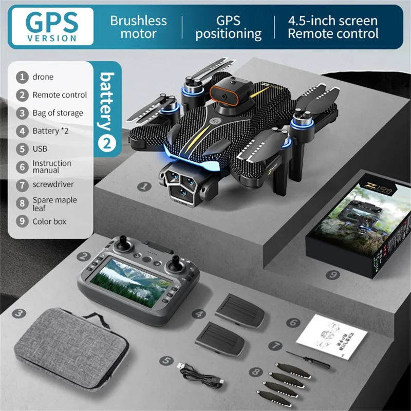 Z104 Drone GPS com Tela Remota de 4,5 Polegadas, Fotografia Aérea HD, Quadricóptero Brushless, com 2 Baterias