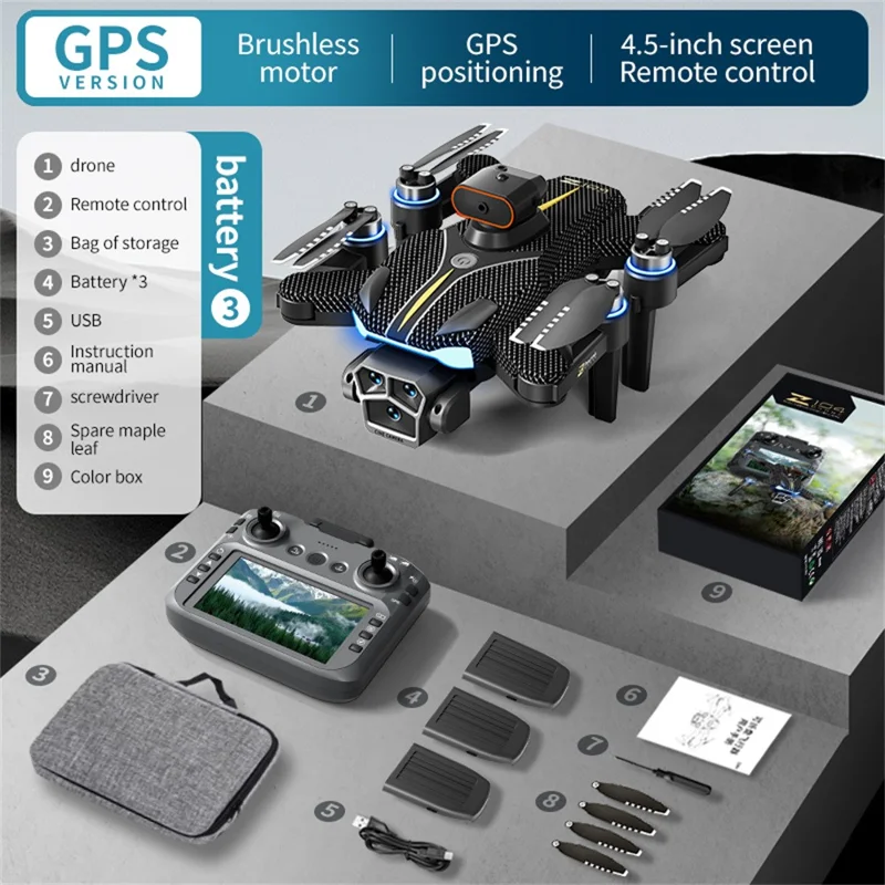 Z104 GPS-Drohne mit 4,5-Zoll-Bildschirm-Fernsteuerung, HD-Luftaufnahmen, bürstenloser Quadcopter, mit 3 Batterien