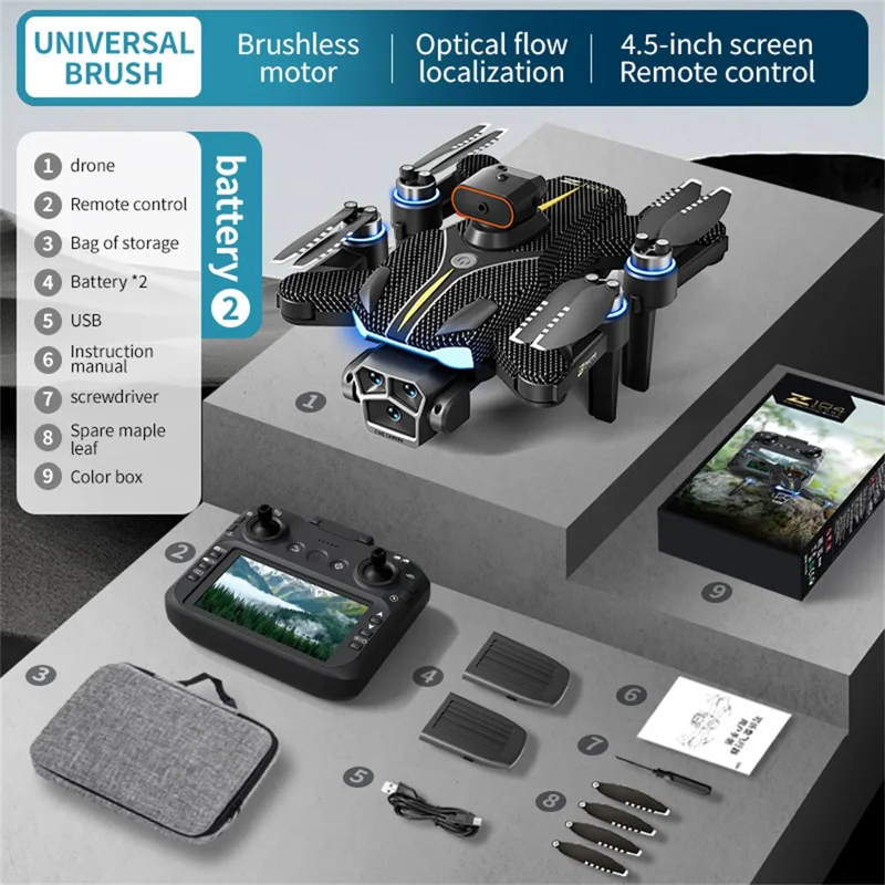 Z104 Standard Version Brushless Drone med 4,3 tommer skærm fjernbetjening Optical Flow Positioning Aircraft, med 2 batterier