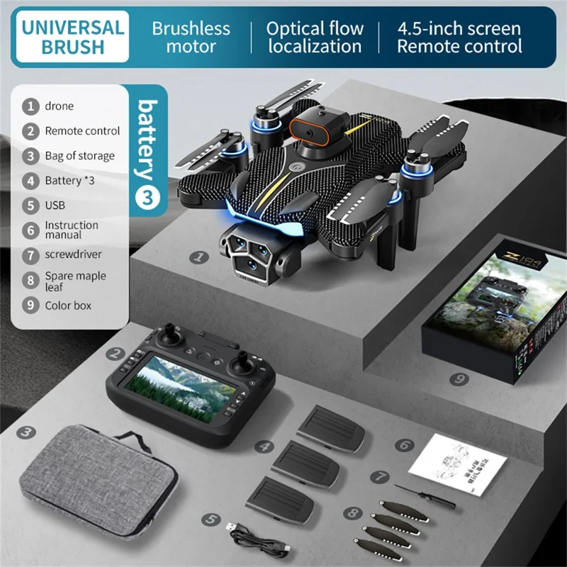 Drone Brushless Versão Padrão Z104 com Controle Remoto de Tela de 4,3 Polegadas, Posicionamento de Fluxo Óptico, Aeronave com 3 Baterias
