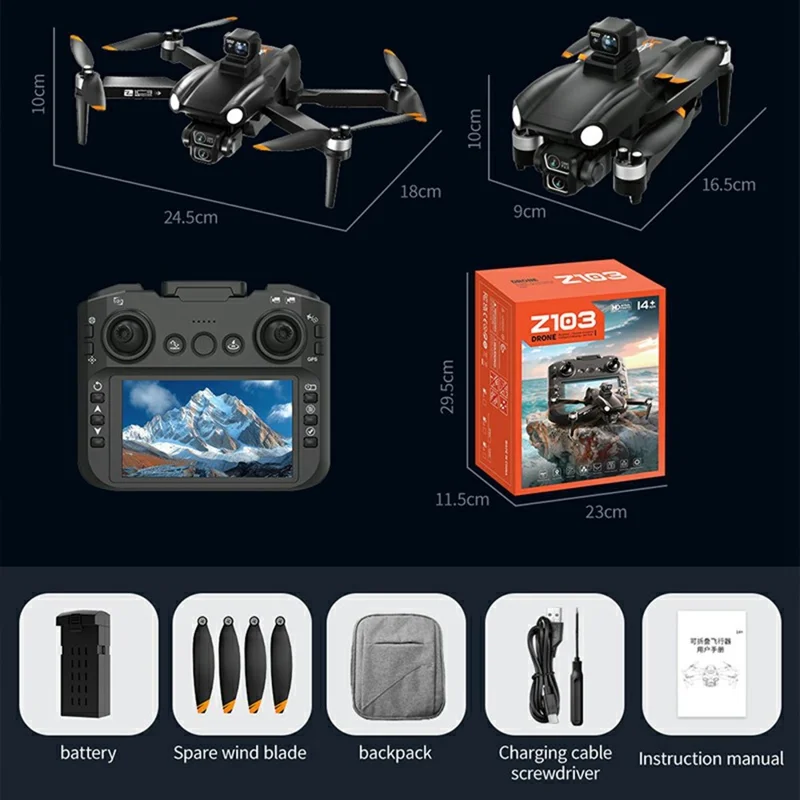 Z103 Laser Obstacle Avoidance GPS Drone Dual Camera Aerial Photography Aircraft with 4.5 Inch Screen Controller, with 2 Batteries