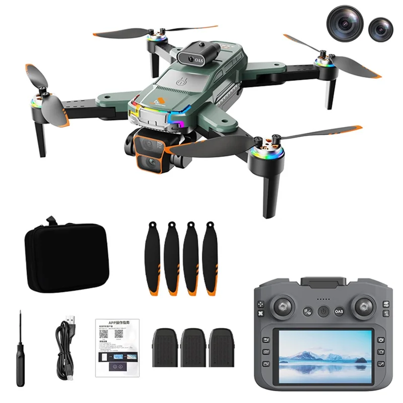 Drone Brushless Z2 com Posicionamento por Fluxo Óptico, Dobrável, com Tela Remota de 4,3 Polegadas e 3 Baterias - Preto - Ciano