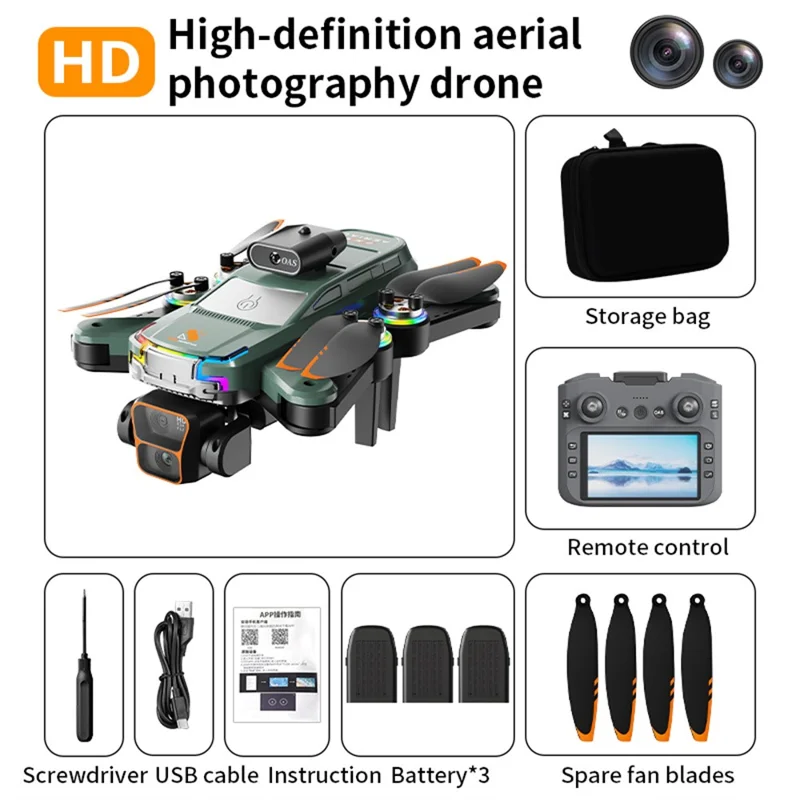 Drone Brushless Z2 com Posicionamento por Fluxo Óptico, Dobrável, com Tela Remota de 4,3 Polegadas e 3 Baterias - Preto - Ciano