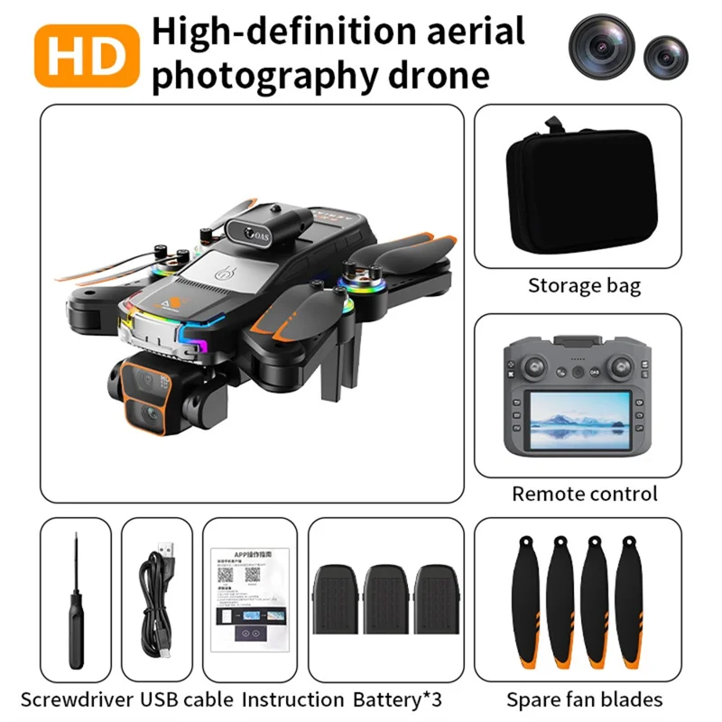 Drone Brushless Z2 com Posicionamento por Fluxo Óptico, Dobrável, com Tela Remota de 4,3 Polegadas e 3 Baterias - Preto