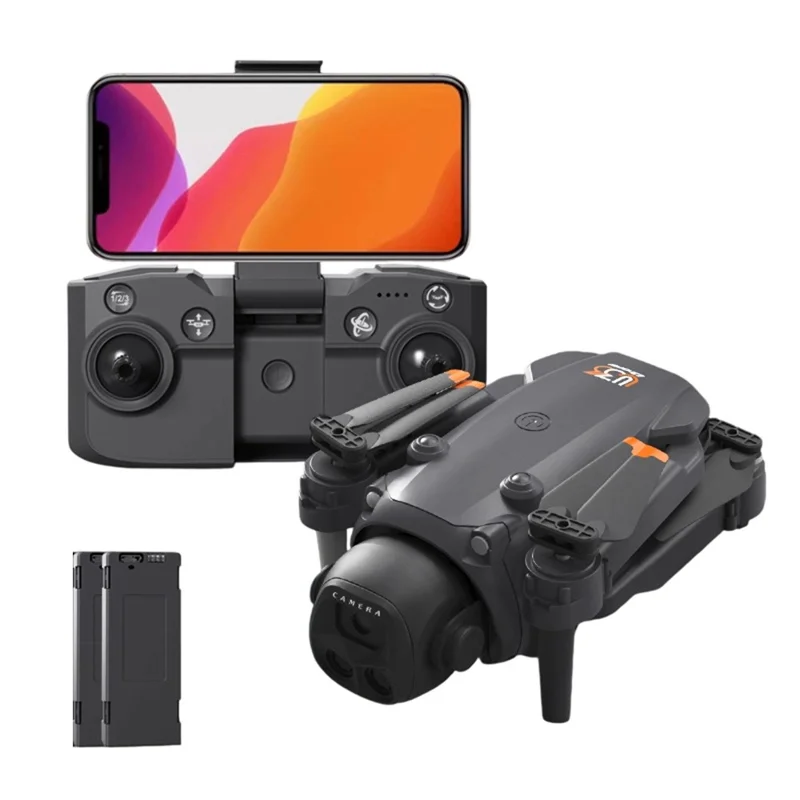 Drone à double caméra LU36 avec télécommande, lumière LED, positionnement par flux optique, quadricoptère pliable, avec 2 batteries - Noir