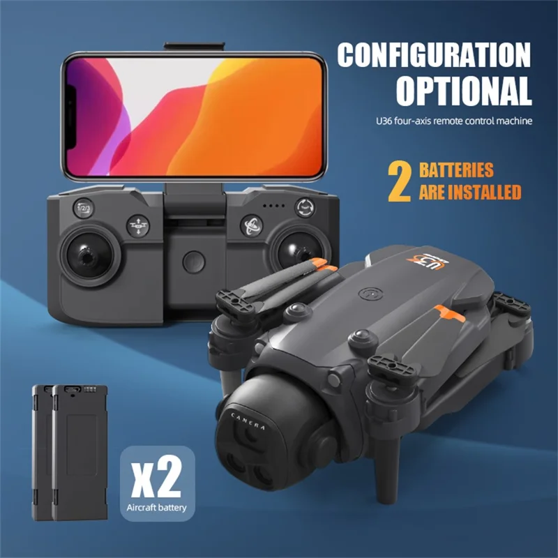 Drone à double caméra LU36 avec télécommande, lumière LED, positionnement par flux optique, quadricoptère pliable, avec 2 batteries - Noir