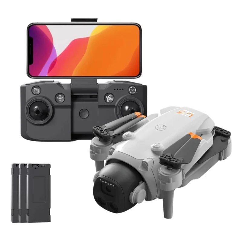 Drone à double caméra LU36 avec télécommande, éclairage LED, positionnement par flux optique, quadricoptère pliable, avec 3 batteries - Noir - Gris