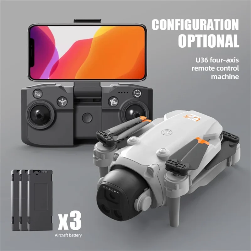 Drone à double caméra LU36 avec télécommande, éclairage LED, positionnement par flux optique, quadricoptère pliable, avec 3 batteries - Noir - Gris