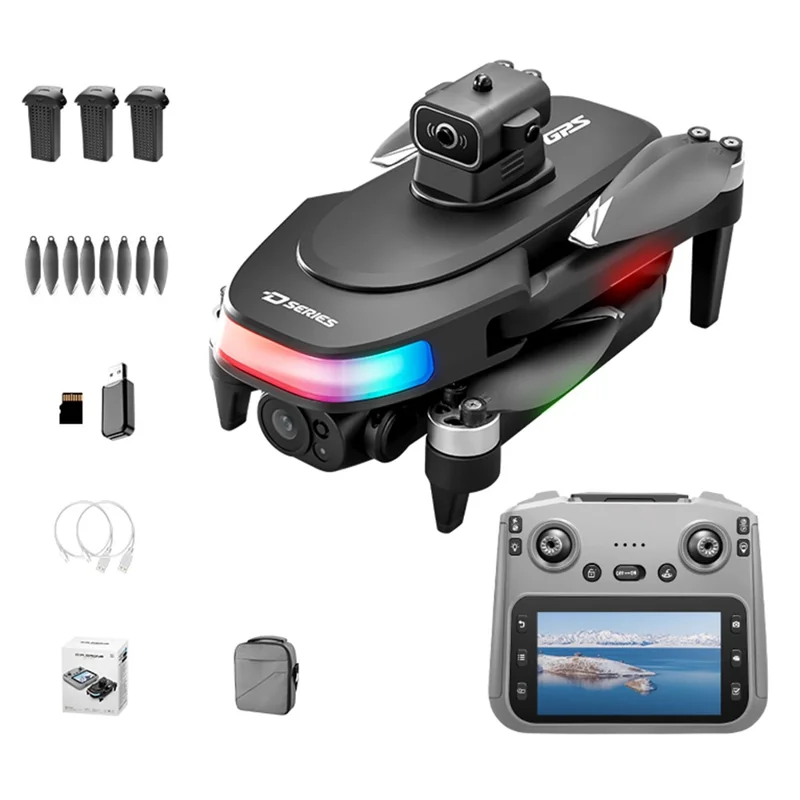 D19 كاميرا واسعة الزاوية 1080P طائرة بدون طيار قابلة للطي للتصوير الجوي بدون فرش مع جهاز تحكم عن بعد بشاشة 4.5 بوصة، مع 3 بطاريات