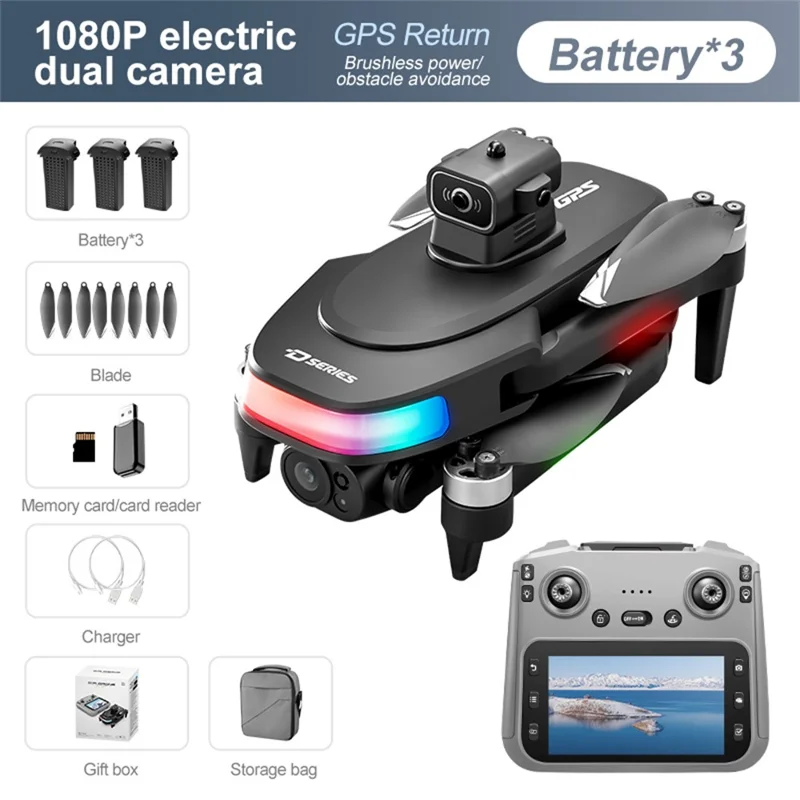D19 كاميرا واسعة الزاوية 1080P طائرة بدون طيار قابلة للطي للتصوير الجوي بدون فرش مع جهاز تحكم عن بعد بشاشة 4.5 بوصة، مع 3 بطاريات