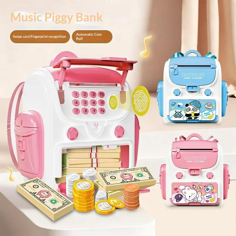 Sac à dos pour enfants 23529A / B Tirelire Jouet Auto-Roll Argent Boîte d'épargne musicale avec serrure à empreinte digitale pour enfants - Rose