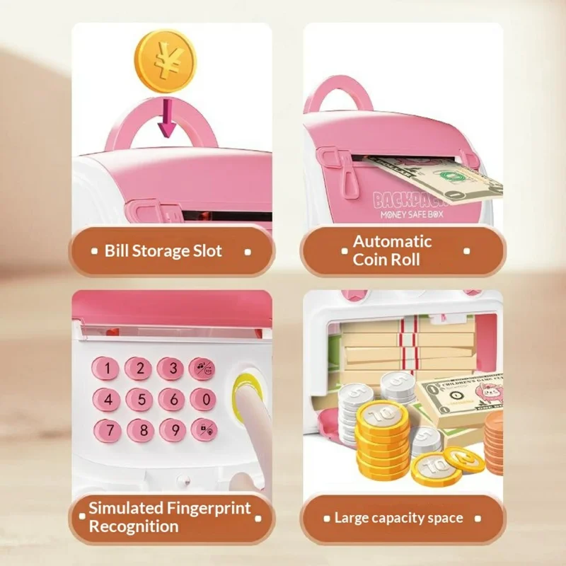 Sac à dos pour enfants 23529A / B Tirelire Jouet Auto-Roll Argent Boîte d'épargne musicale avec serrure à empreinte digitale pour enfants - Rose