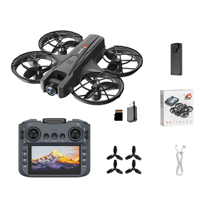 طائرة YL05 للتصوير الجوي عالية الدقة مع طائرة رباعية المراوح ومتحكم بشاشة مقاس 4.3 بوصة، تحديد المواقع بالتدفق الضوئي، طائرة درون بدون طيار RC بدون فرشاة مع إضاءة LED، مع بطارية واحدة - أسود