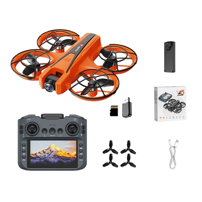 YL05 HD luftfoto kvadrokopter med 4,3 tommer skærmkontroller, optisk flow-positionering, børsteløs RC-droner med LED-lys, med 1 batteri - Orange