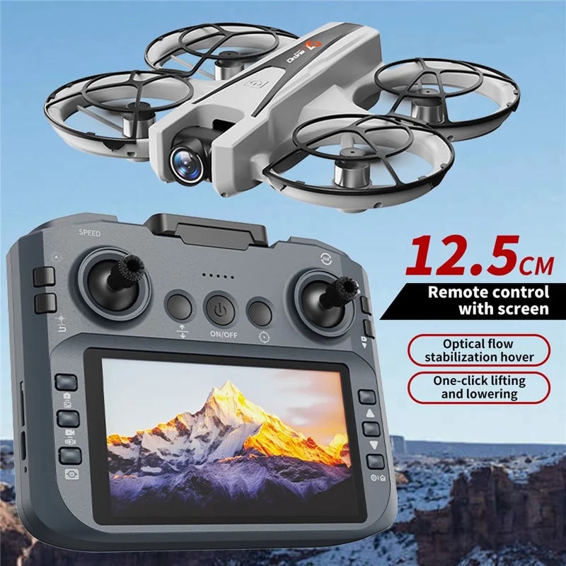 YL05 HD Aerial Photography Quadcopter with 4.3 Inch Screen Controller Optical Flow Positioning Brushless RC Drone with LED Light, with 2 Batteries - Black