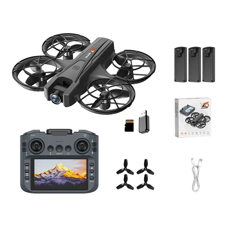 YL05 HD luftfoto kvadrokopter med 4,3 tommer skærmcontroller optisk flow-positionering børsteløs RC-drone med LED-lys, med 3 batterier - Sort