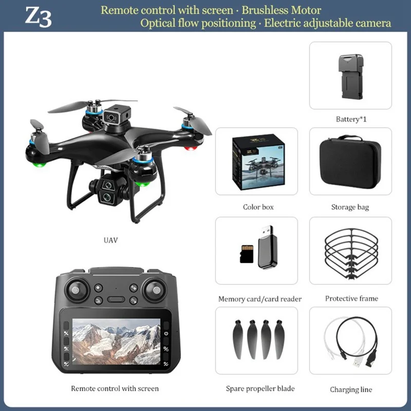 Z3 Brushless Quadcopter Dual Camera HD FPV RC Drone with 4.3 Inch Large Screen Remote Control, with 1 Battery - Black