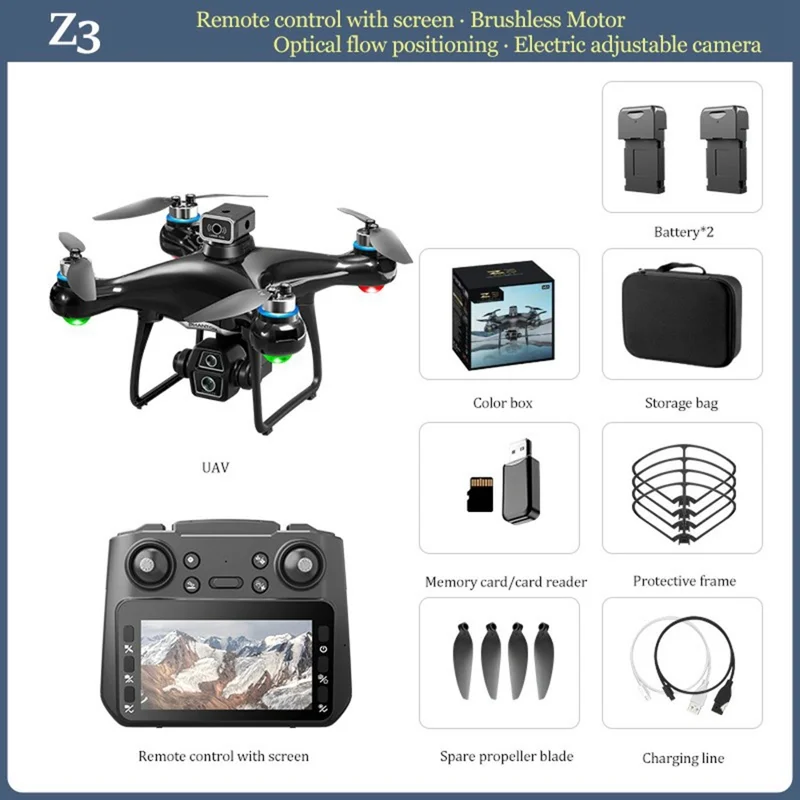 Z3 Brushless Quadcopter Dual Camera HD FPV RC Drone with 4.3 Inch Large Screen Remote Control, with 2 Batteries - Black
