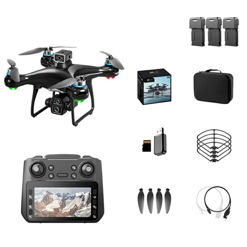 Z3 Brushless Quadcopter Dual Camera HD FPV RC Drone with 4.3 Inch Large Screen Remote Control, with 3 Batteries - Black