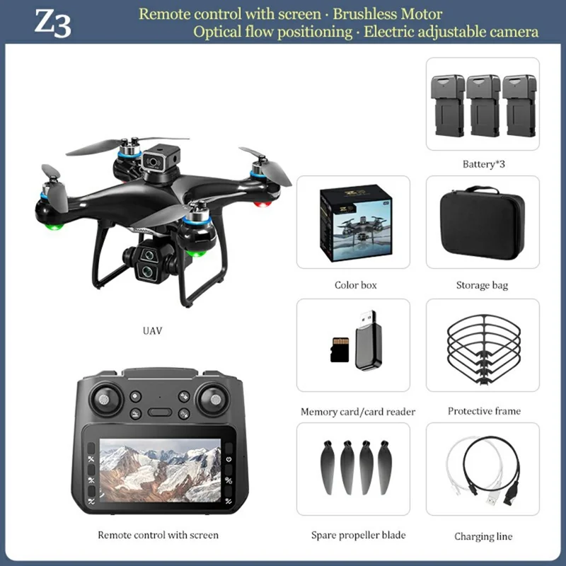 Z3 Brushless Quadcopter Dual Camera HD FPV RC Drone with 4.3 Inch Large Screen Remote Control, with 3 Batteries - Black