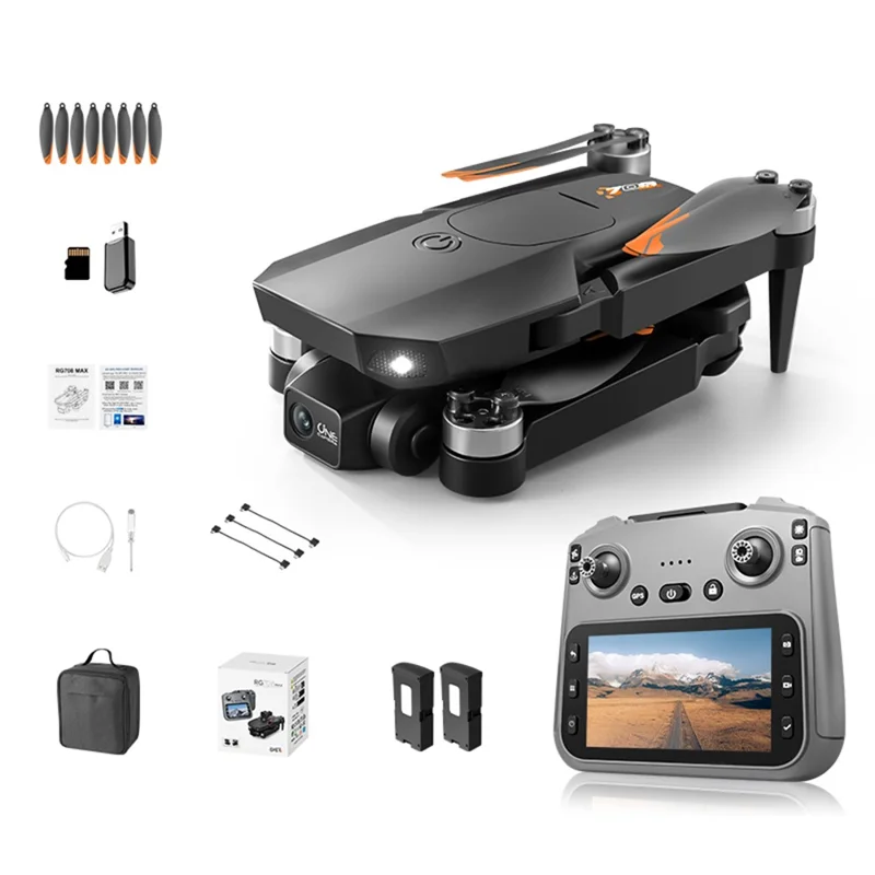 RG708MAX طيارة بدون طيار رباعية المراوح بمحركات بدون فرشات مع بطاريتين وشاشة تحكم مقاس 4.5 بوصة، مع مثبت ثنائي المحور ونظام تحديد المواقع GPS دون مستشعر تجنب العوائق