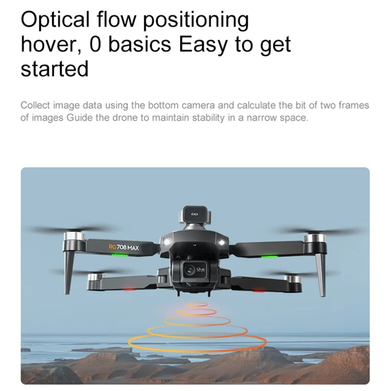 RG708MAX طيارة بدون طيار رباعية المراوح بمحركات بدون فرشات مع بطاريتين وشاشة تحكم مقاس 4.5 بوصة، مع مثبت ثنائي المحور ونظام تحديد المواقع GPS دون مستشعر تجنب العوائق