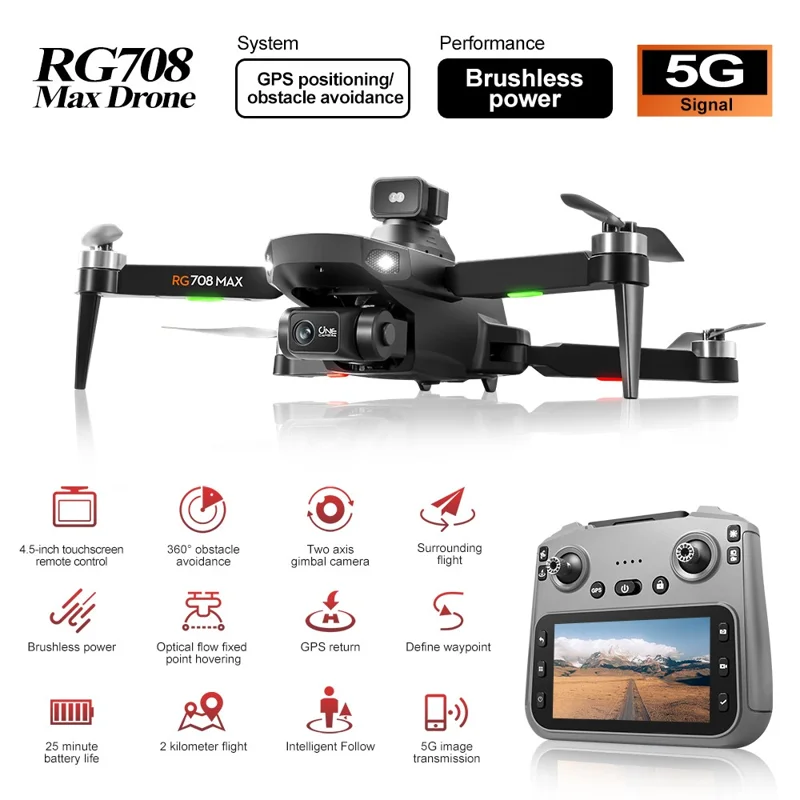 RG708MAX Single Battery 4.5 inch Screen-Controlled Dual-Axis Gimbal GPS-Positioning Brushless Quadcopter Drone with Obstacle Avoidance Sensor