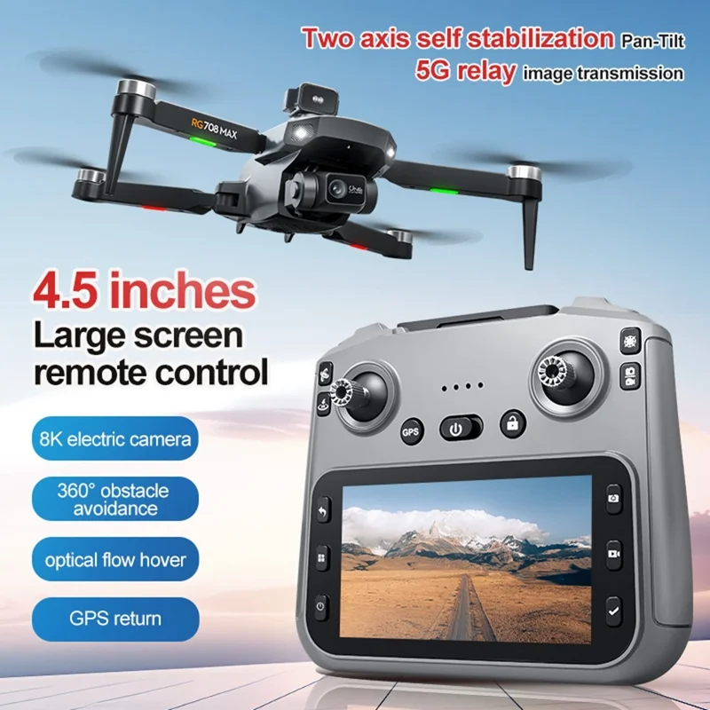 RG708MAX Single Battery 4.5 inch Screen-Controlled Dual-Axis Gimbal GPS-Positioning Brushless Quadcopter Drone with Obstacle Avoidance Sensor