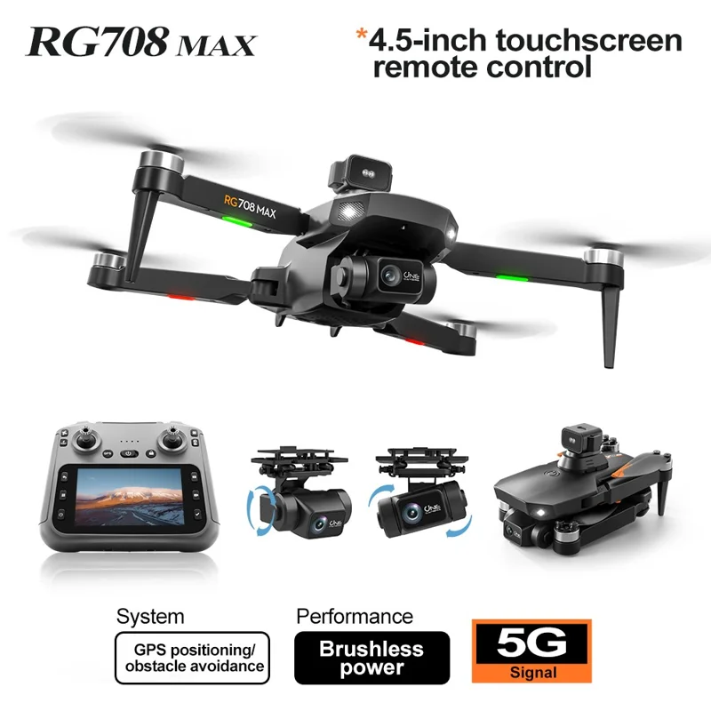 RG708MAX Double Battery 4.5 inch Screen-Controlled Dual-Axis Gimbal GPS-Positioning Brushless Quadcopter Drone with Obstacle Avoidance Sensor