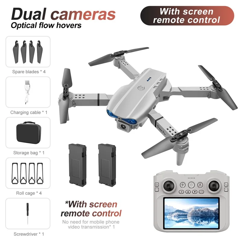E99 4.3 inch Screen Control HD Drone Double Batteries Flow Positioning Folding Quadcopter with 50X Zoom Automatic Capture - Grey