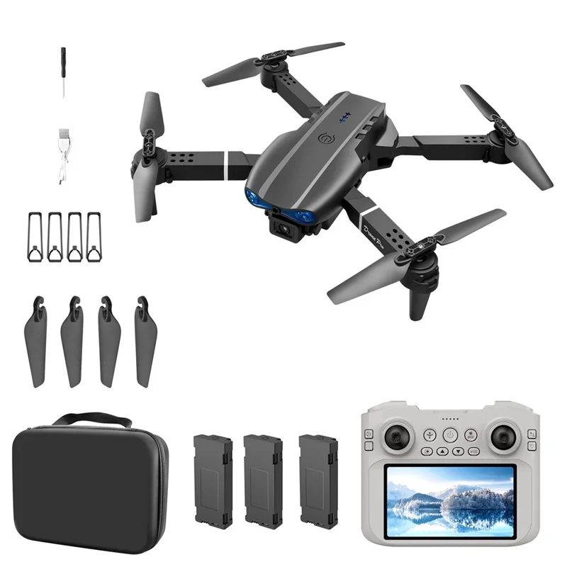 E99 4.3 inch Screen Control HD Drone 3 Batteries Flow Positioning Folding Quadcopter with 50X Zoom Automatic Capture - Black