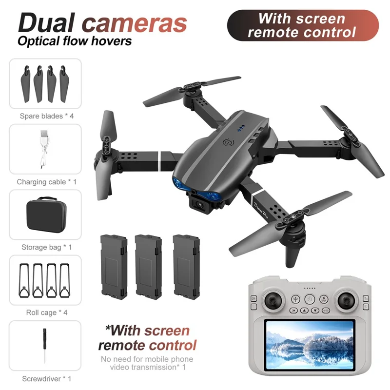 E99 4.3 inch Screen Control HD Drone 3 Batteries Flow Positioning Folding Quadcopter with 50X Zoom Automatic Capture - Black