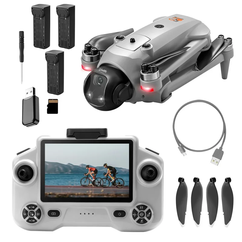 YL059 GPS-Drohne mit 4,3-Zoll-Bildschirm-Fernbedienung, 5G FPV HD-Kamera, Ein-Tasten-Airdrop, faltbarer Quadcopter, mit 3 Akkus – Hellgrau