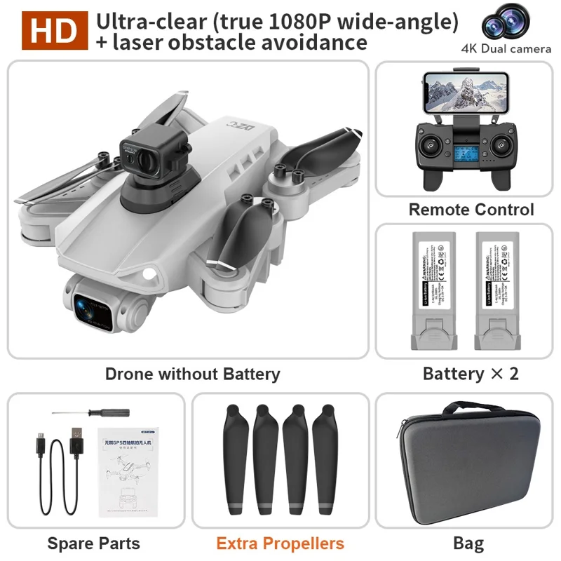 LYZ L900 Pro Max 5G Brushless Motor Drone Easy GPS 4-Axis Quadcopter (HD+Obstacle Avoidance+2 Batteries) - Grey / White