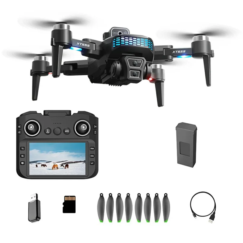 Drone RC sem escovas com GPS XT555 com 1 Bateria, Câmera Dupla, Quadricóptero Dobrável com Controlo Remoto de Ecrã de 4,5 Polegadas - Preto