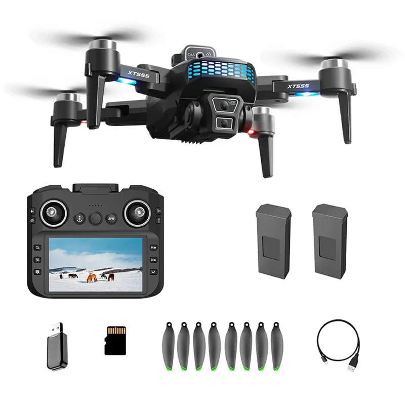 Drone RC sem escovas com GPS XT555 com 2 Baterias, Câmera Dupla, Quadricóptero Dobrável com Controlo Remoto de Ecrã de 4,5 Polegadas - Preto